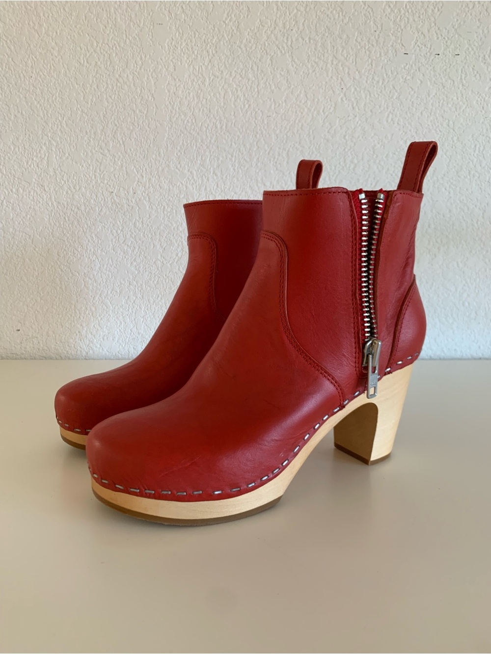 Swedish Hasbeens Red Leather Zip Clog Booties